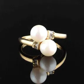 Toi et Moi Pearl Diamond Bypass Ring in 14K Gold