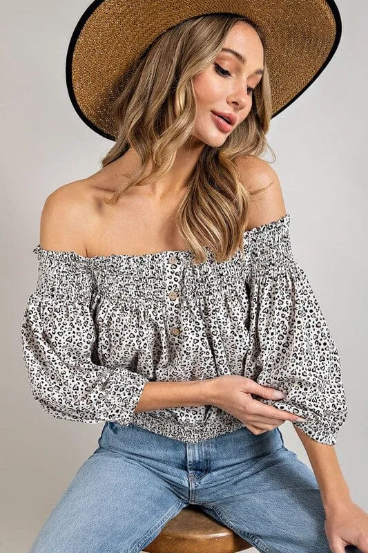 Off the Shoulder Top with Animal Print Smocking