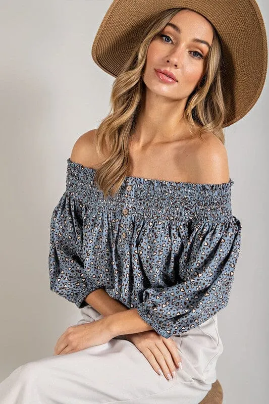 Off the Shoulder Top with Animal Print Smocking