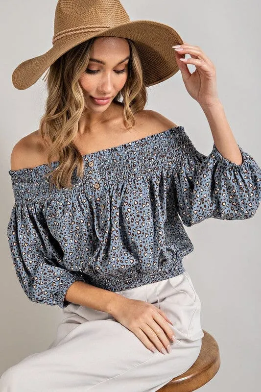 Off the Shoulder Top with Animal Print Smocking