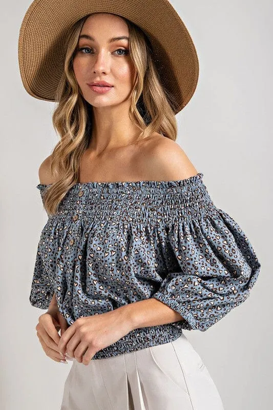 Off the Shoulder Top with Animal Print Smocking