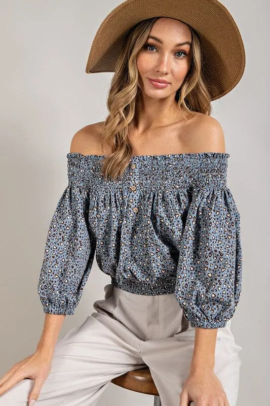 Off the Shoulder Top with Animal Print Smocking