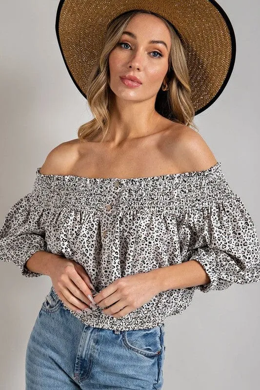 Off the Shoulder Top with Animal Print Smocking