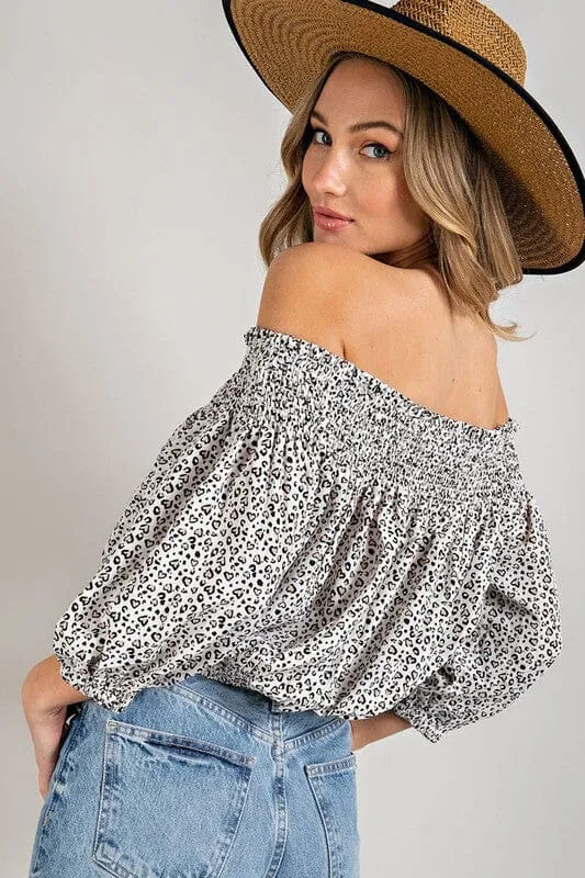 Off the Shoulder Top with Animal Print Smocking