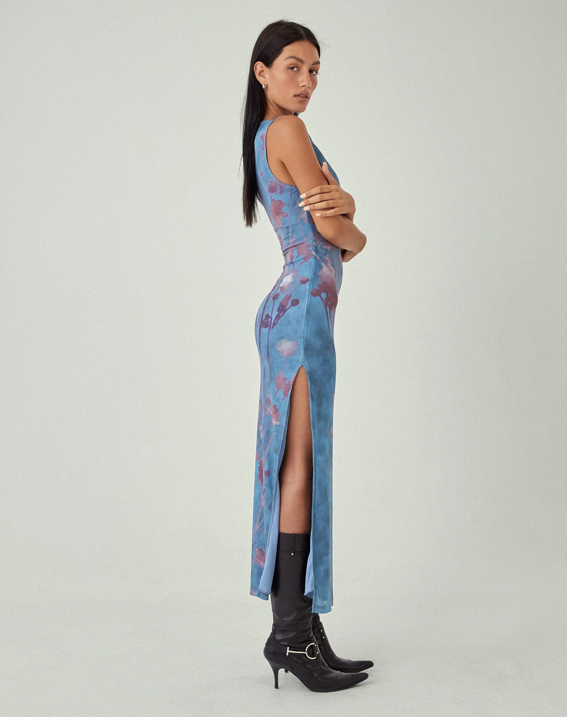 Ashy Blue Slinky Midi Tube Dress