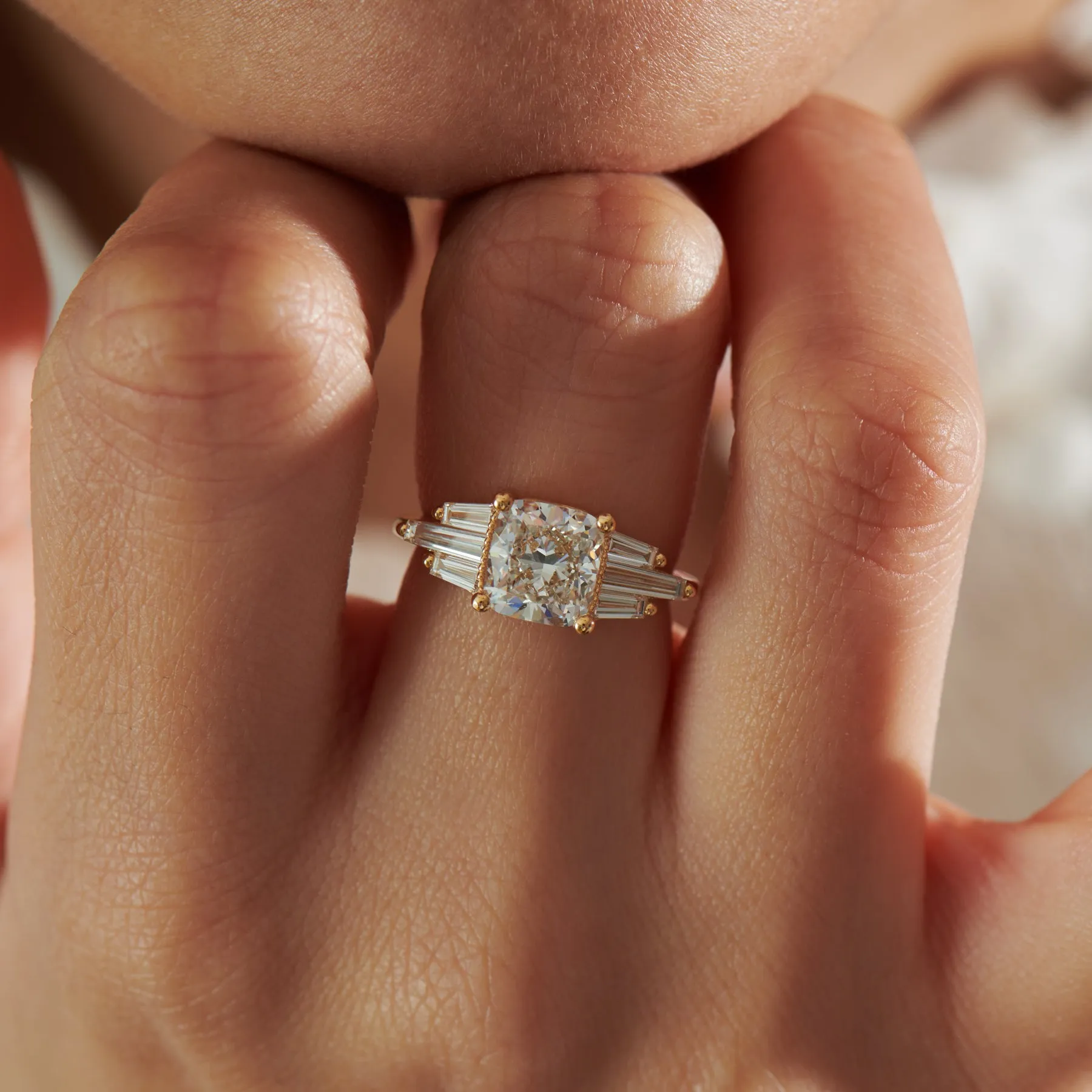 Diamond Cushion Ring with Baguette Wings