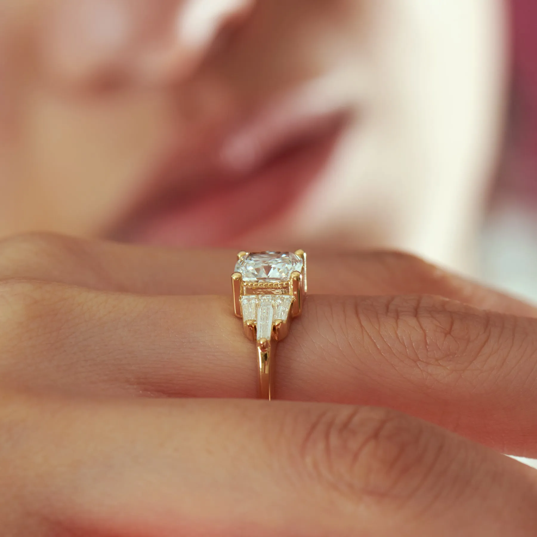 Diamond Cushion Ring with Baguette Wings