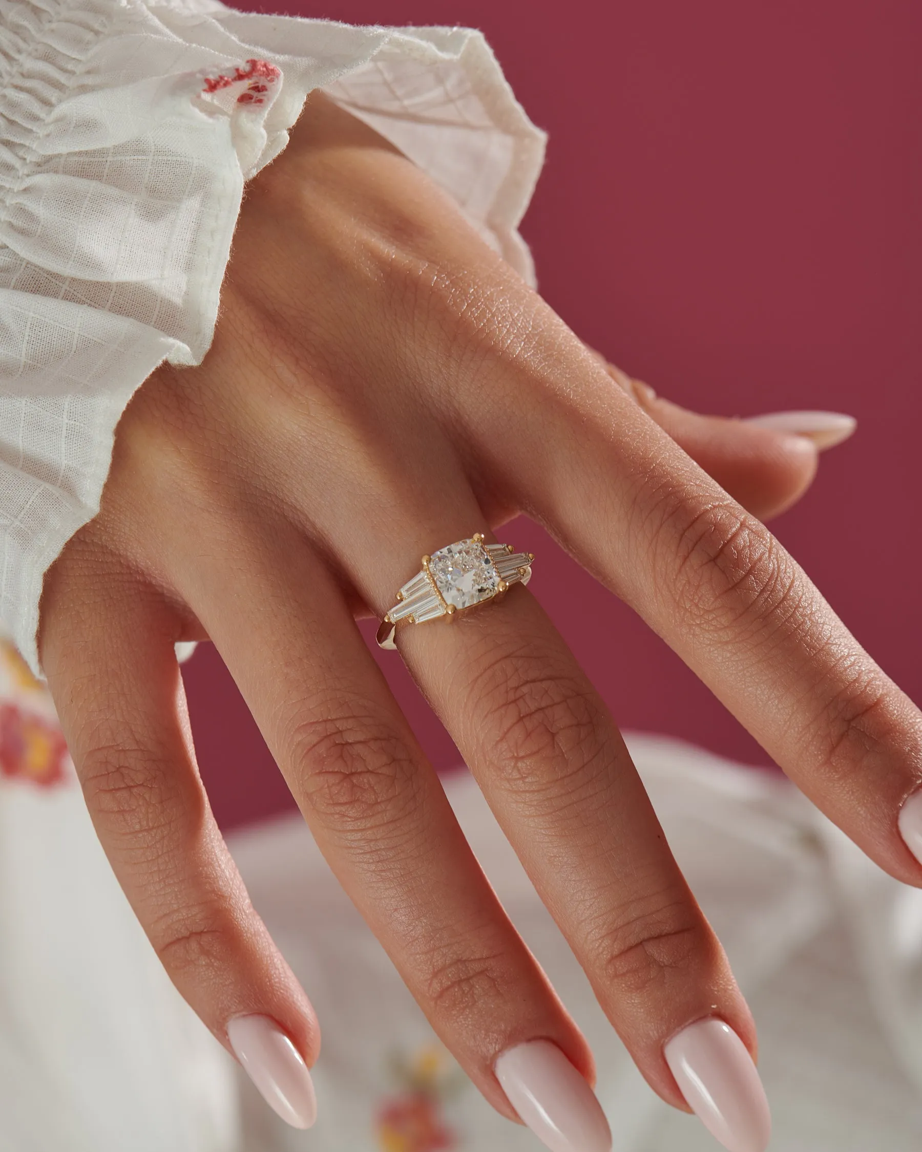 Diamond Cushion Ring with Baguette Wings