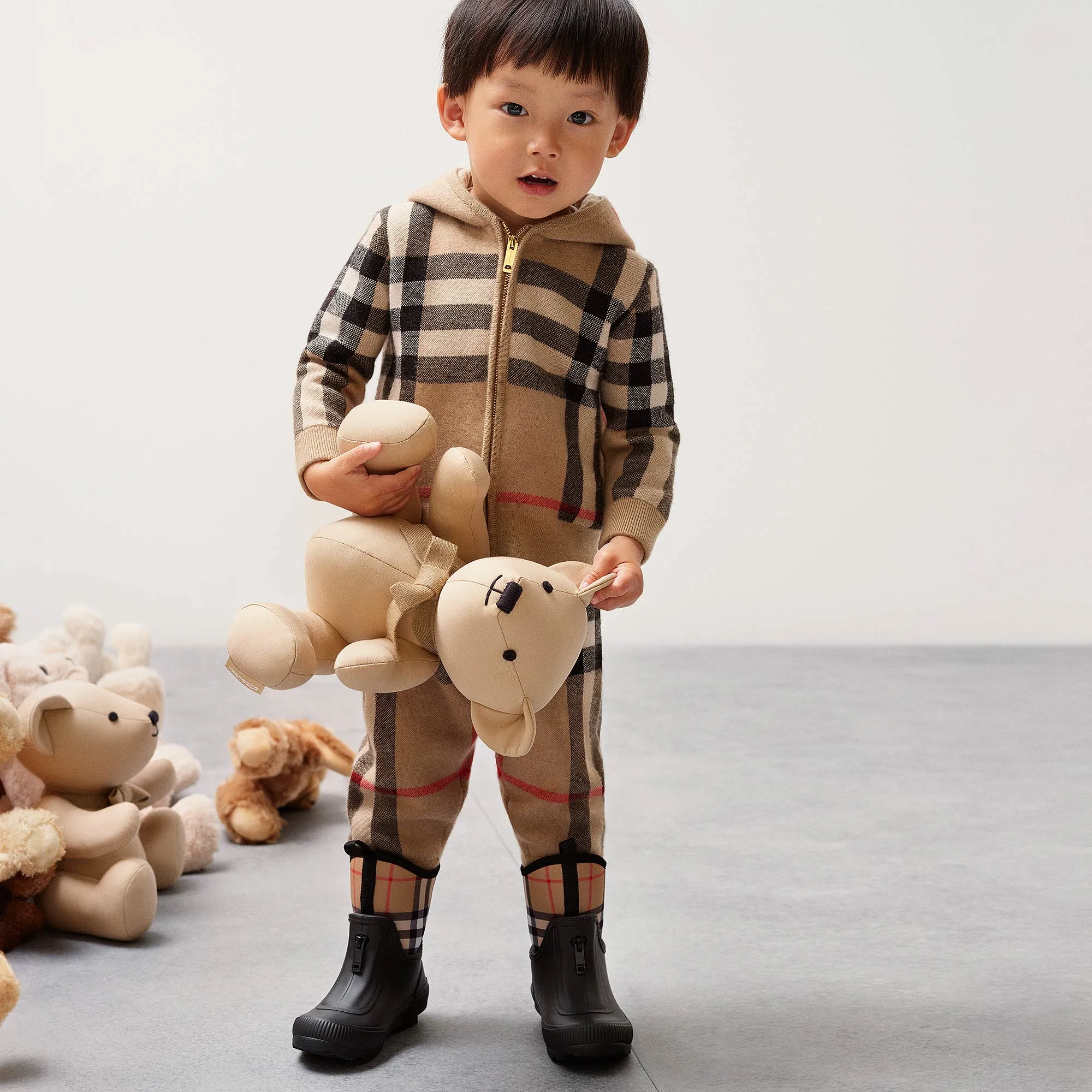 Black and Beige Check Rain Boots