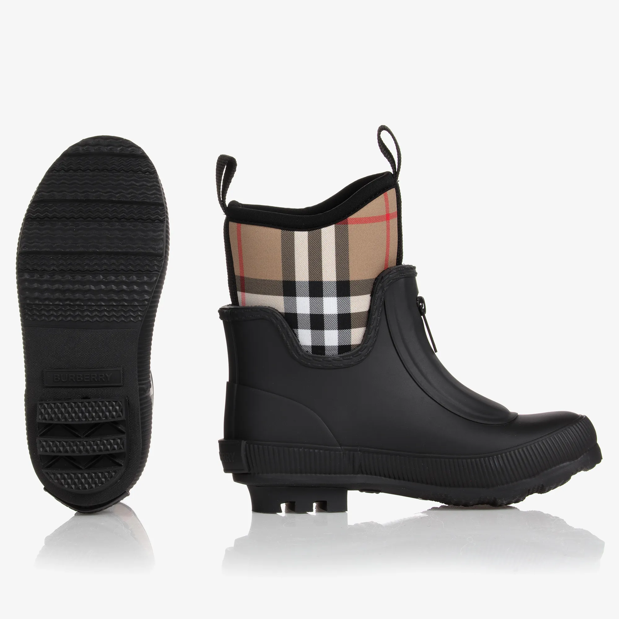 Black and Beige Check Rain Boots