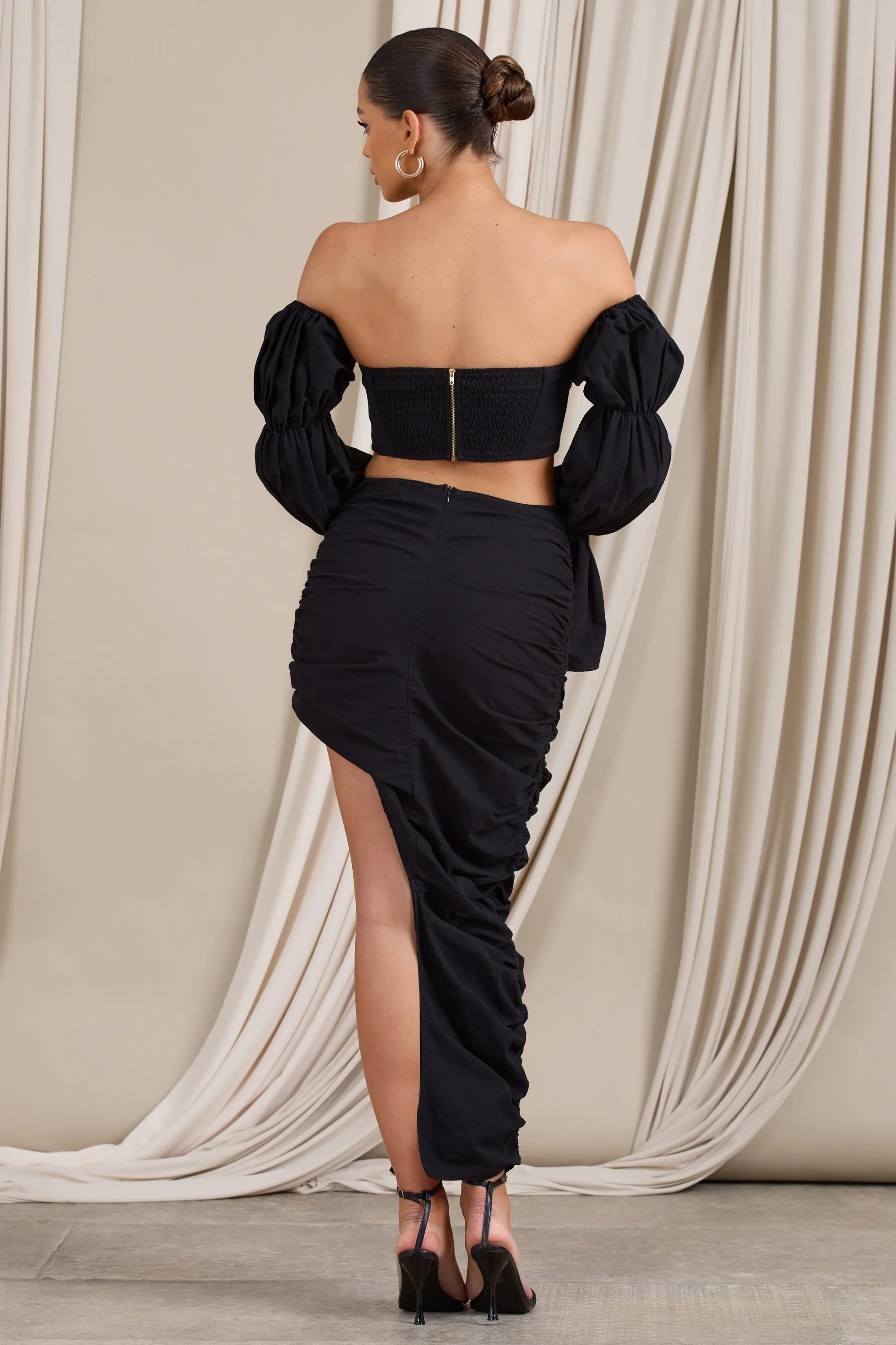 Black Ruched Asymmetric Maxi Skirt