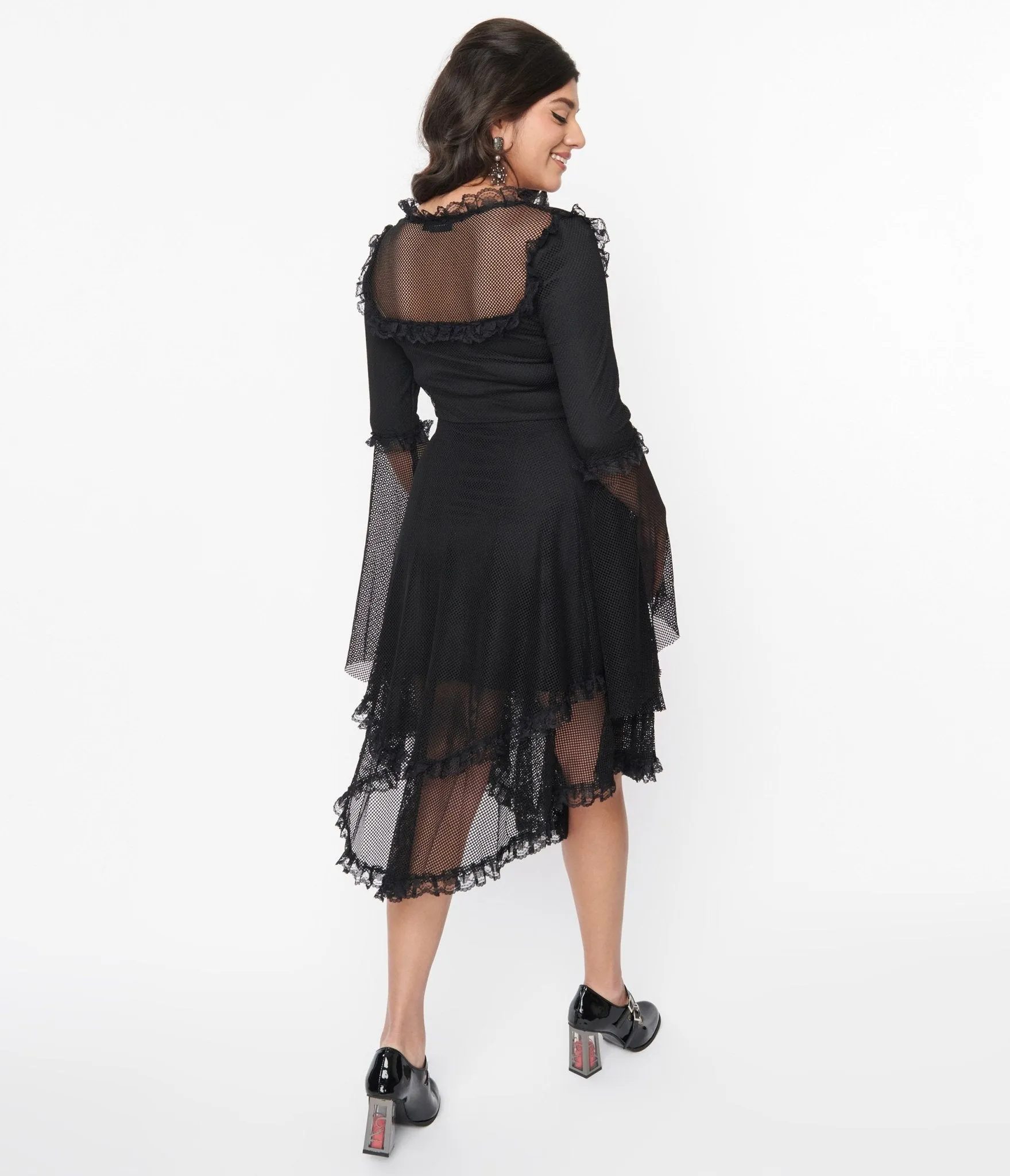 Black Fishnet Frill Flare Dress