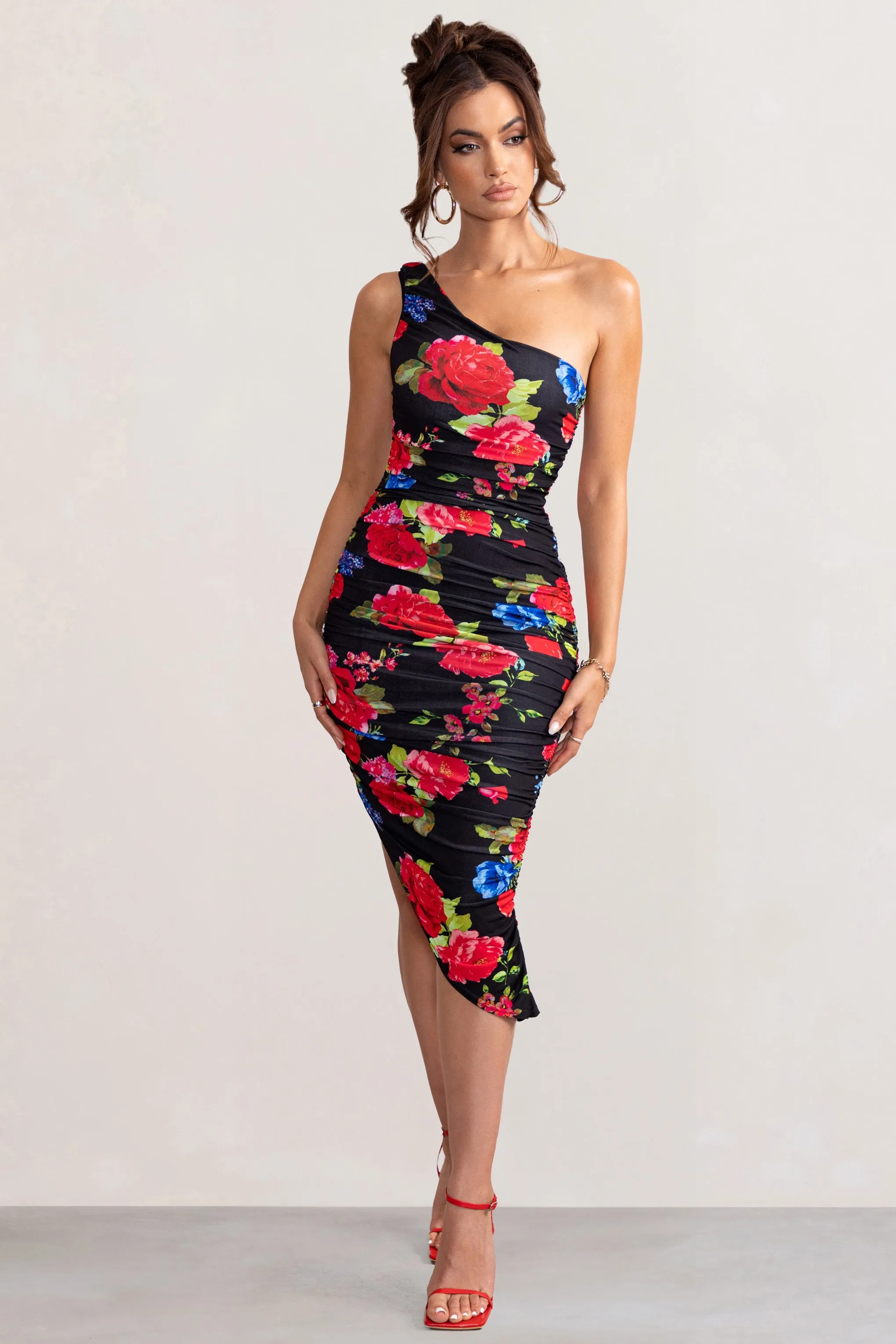 Black Floral Print Asymmetric Ruched Midi Dress with One Shoulder