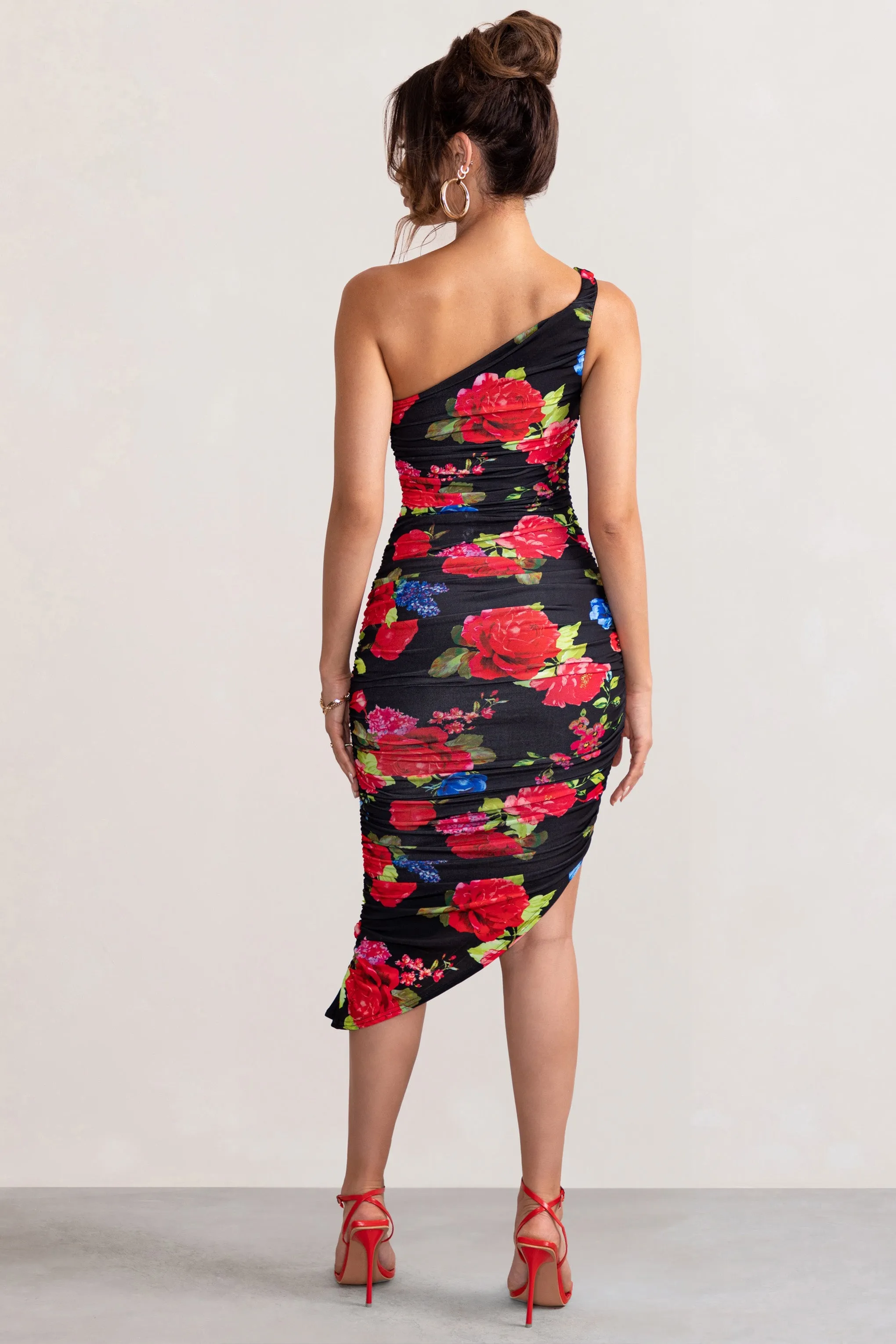 Black Floral Print Asymmetric Ruched Midi Dress with One Shoulder