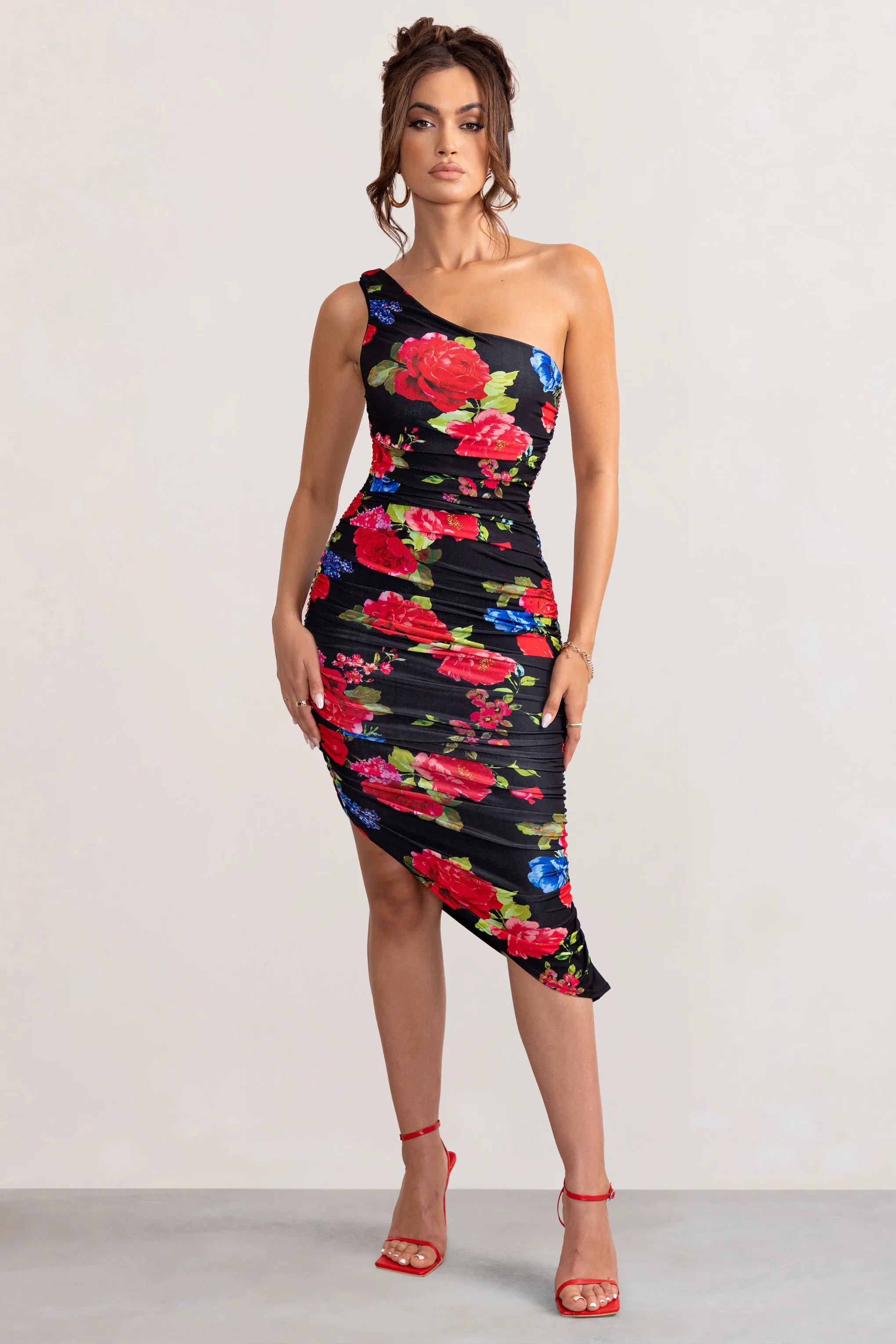 Black Floral Print Asymmetric Ruched Midi Dress with One Shoulder