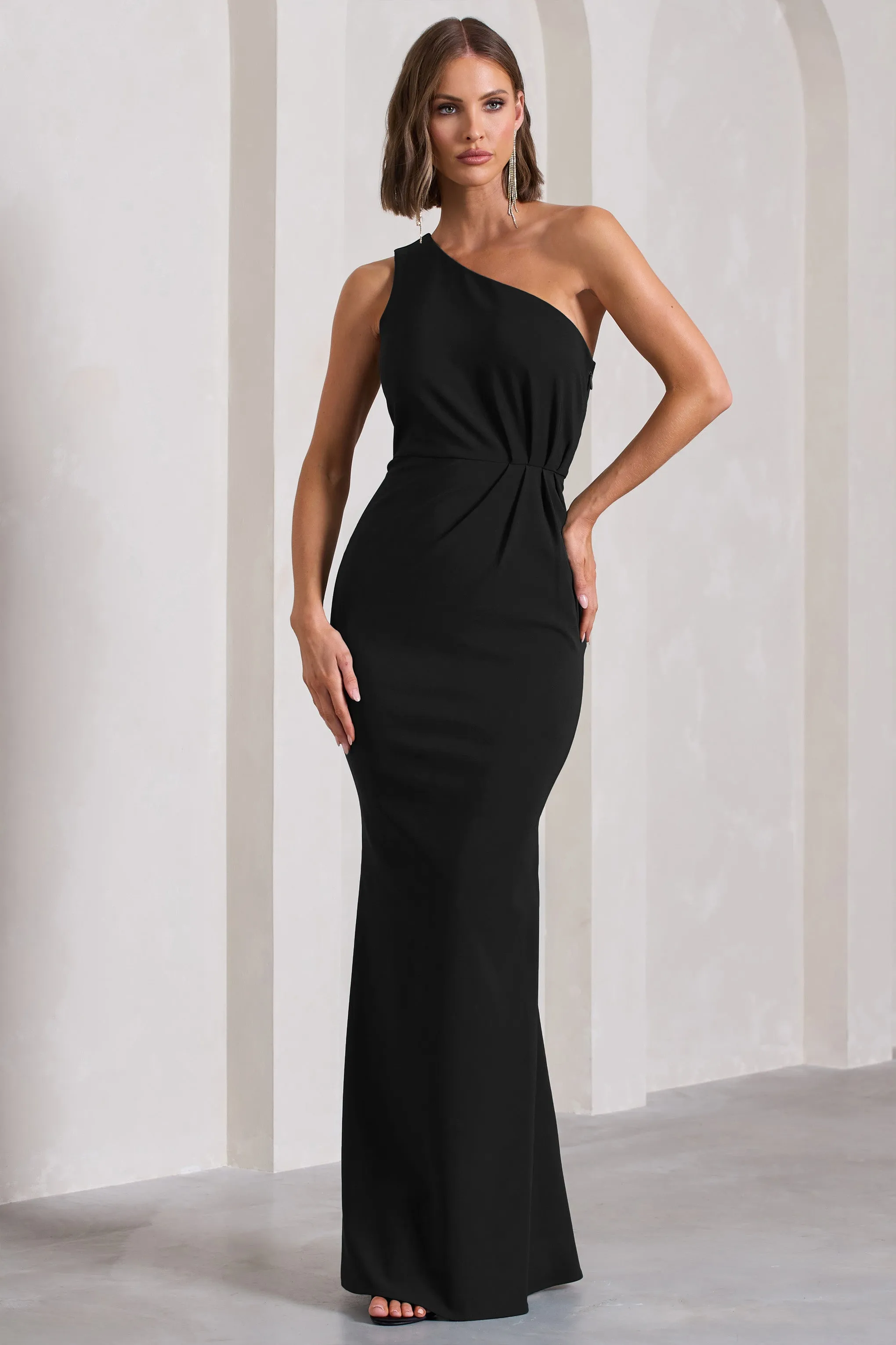 Black One-Shoulder Gathered Maxi Dress