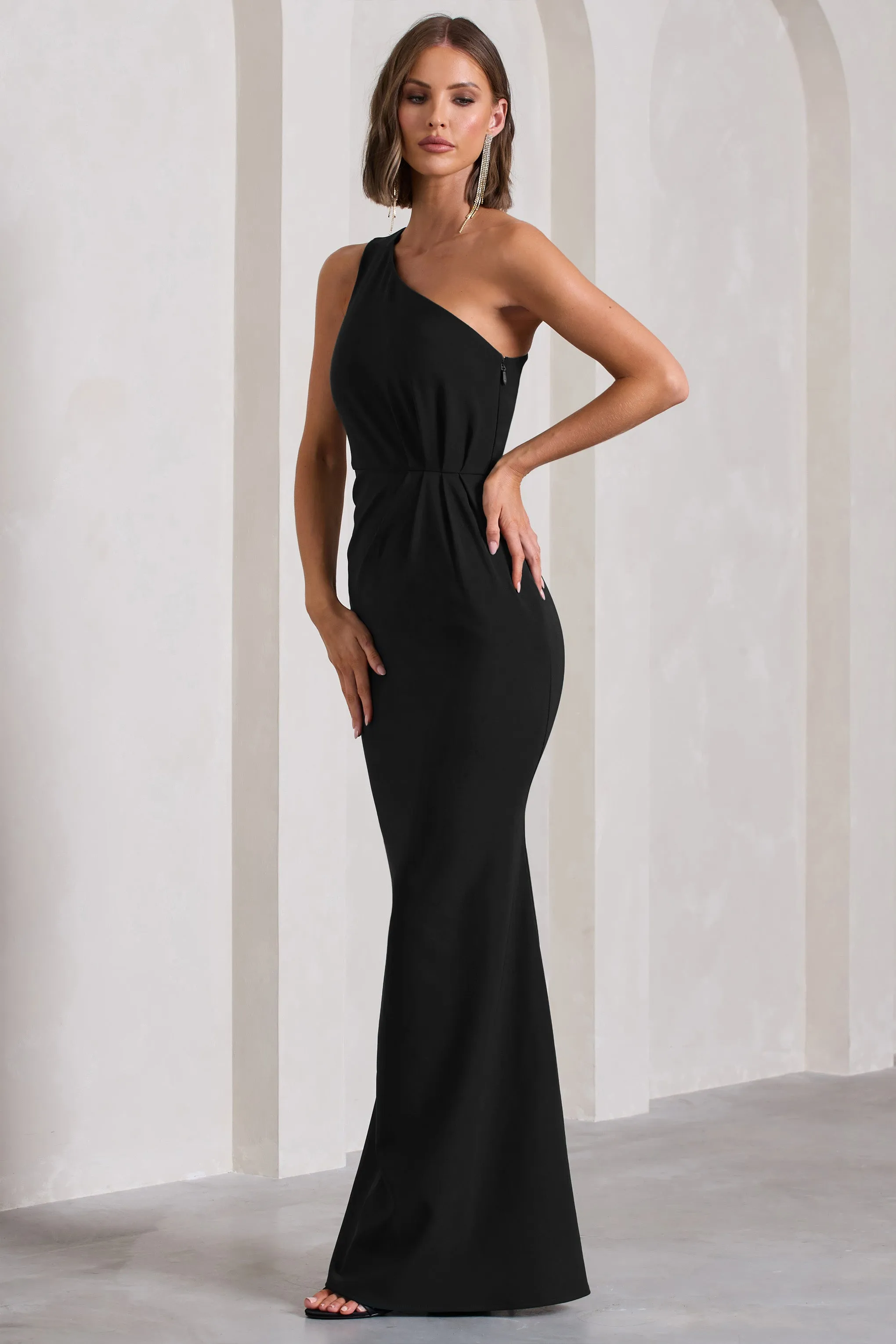 Black One-Shoulder Gathered Maxi Dress