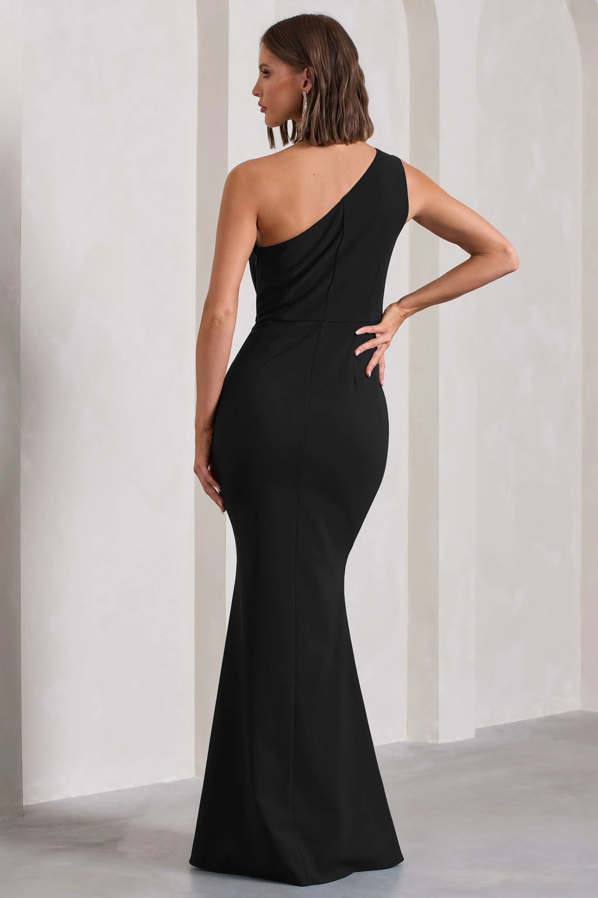 Black One-Shoulder Gathered Maxi Dress