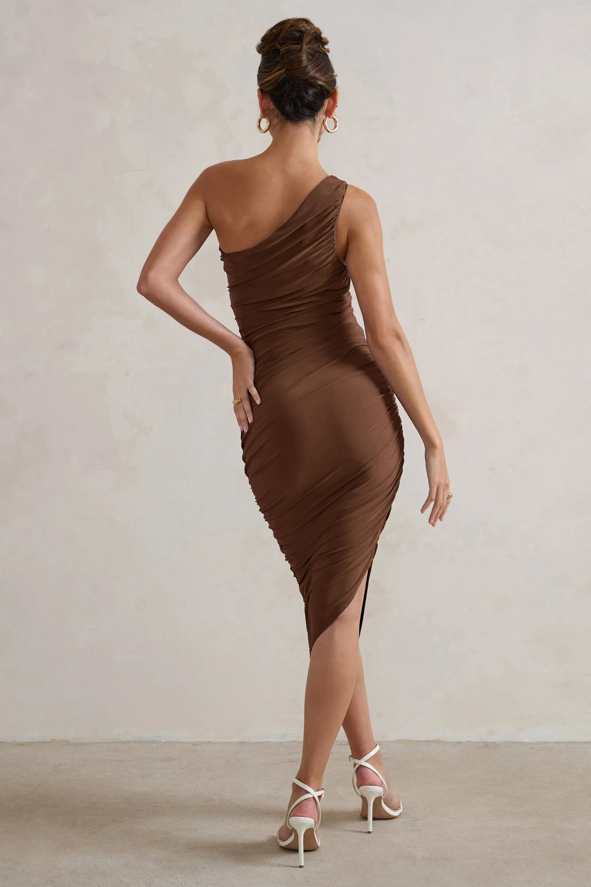 Chocolate One Shoulder Asymmetric Ruched Midi Dress