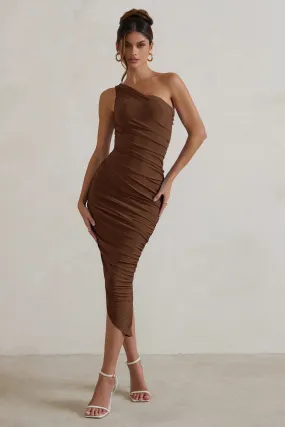 Chocolate One Shoulder Asymmetric Ruched Midi Dress