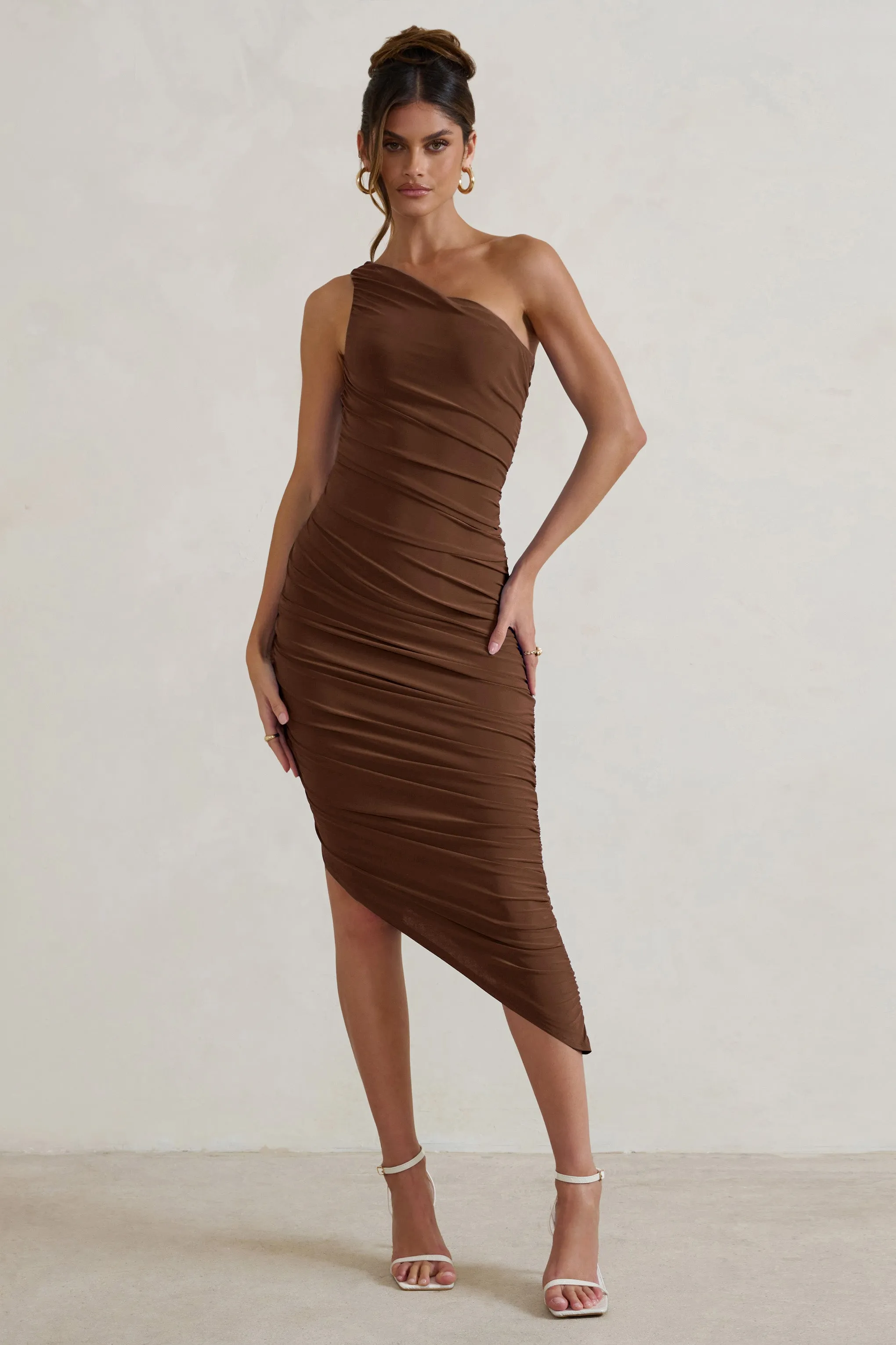 Chocolate One Shoulder Asymmetric Ruched Midi Dress