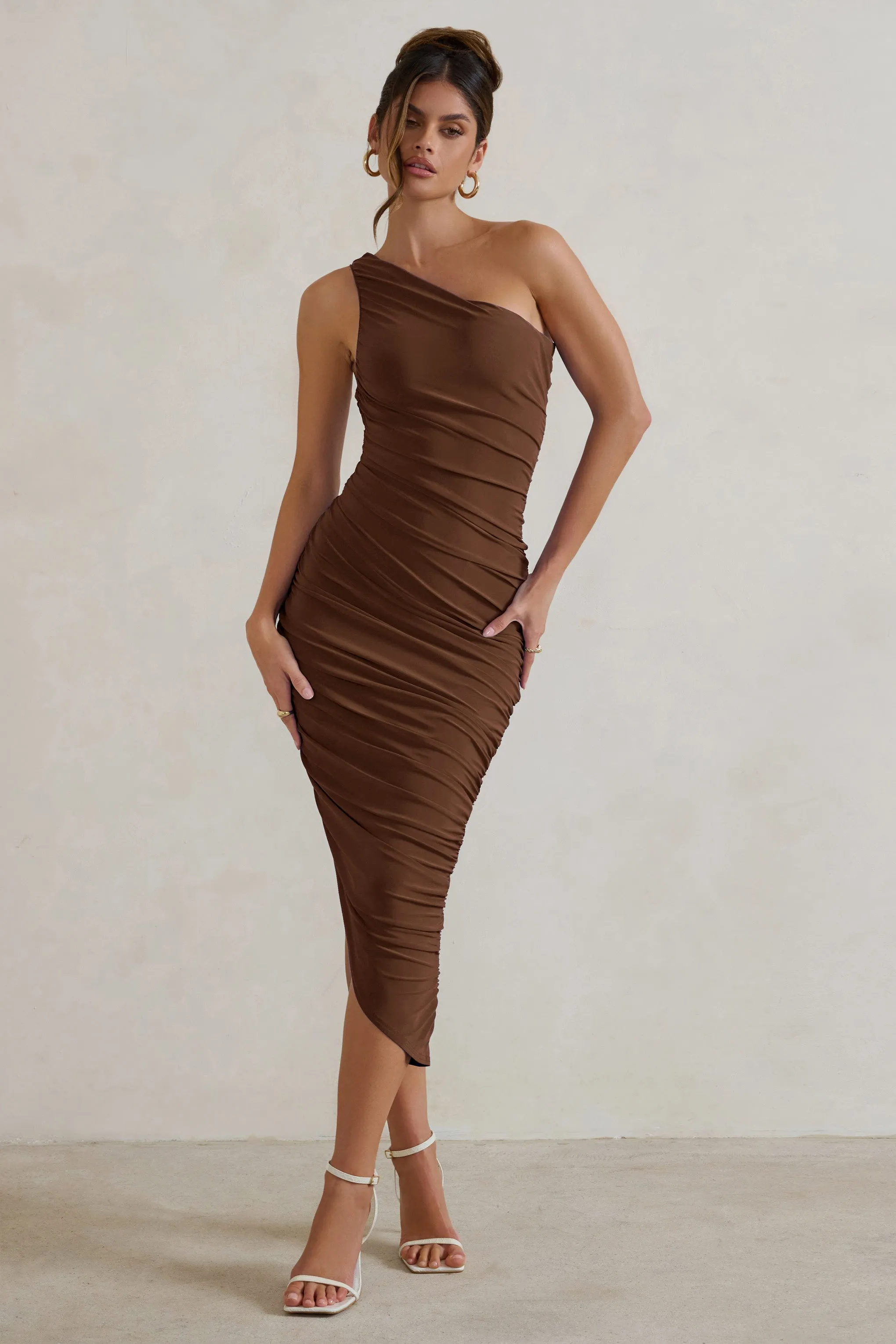 Chocolate One Shoulder Asymmetric Ruched Midi Dress