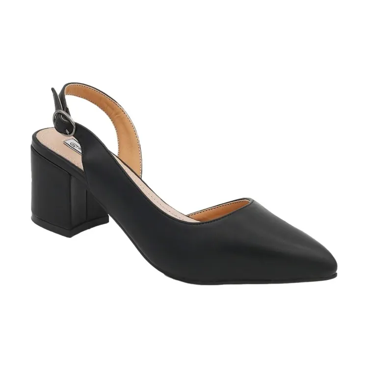 Sling Back Medium Heel Black Women's Shoes by Queen Helena