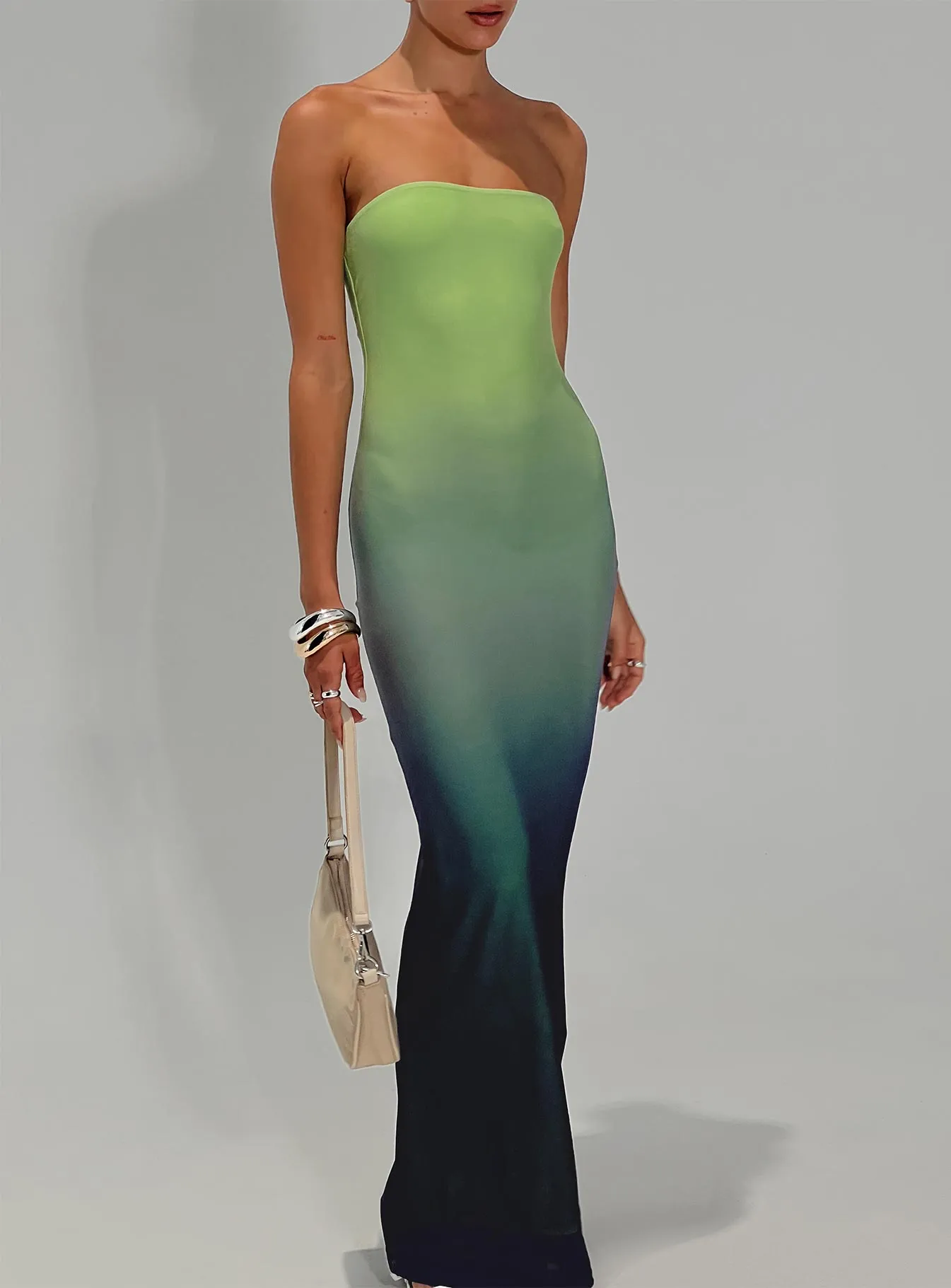 Stolen Love Blue Green Ombre Strapless Maxi Dress