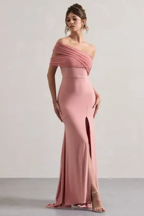 Blush Asymmetric Bardot Split Maxi Dress named Fused