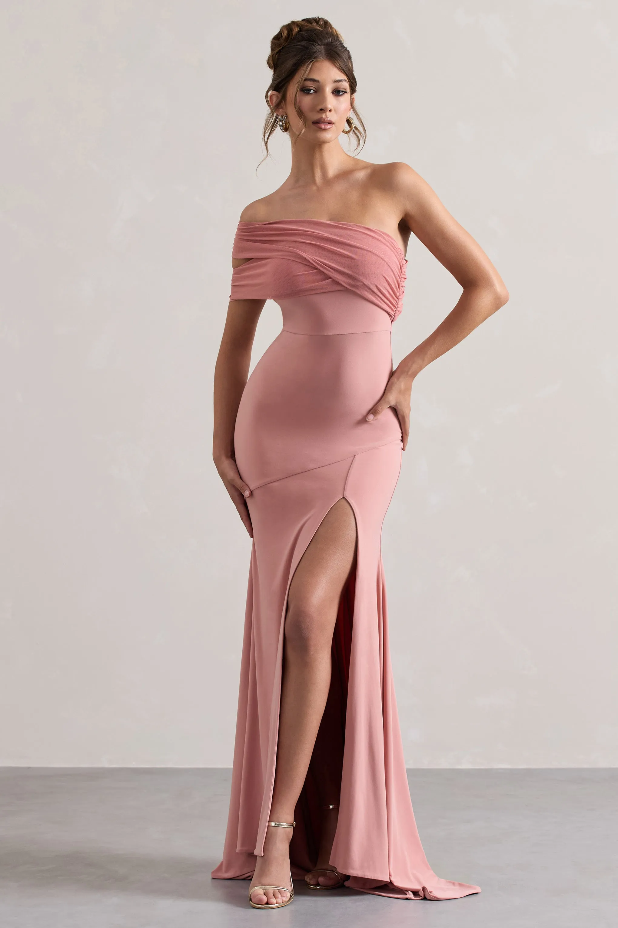 Blush Asymmetric Bardot Split Maxi Dress named Fused