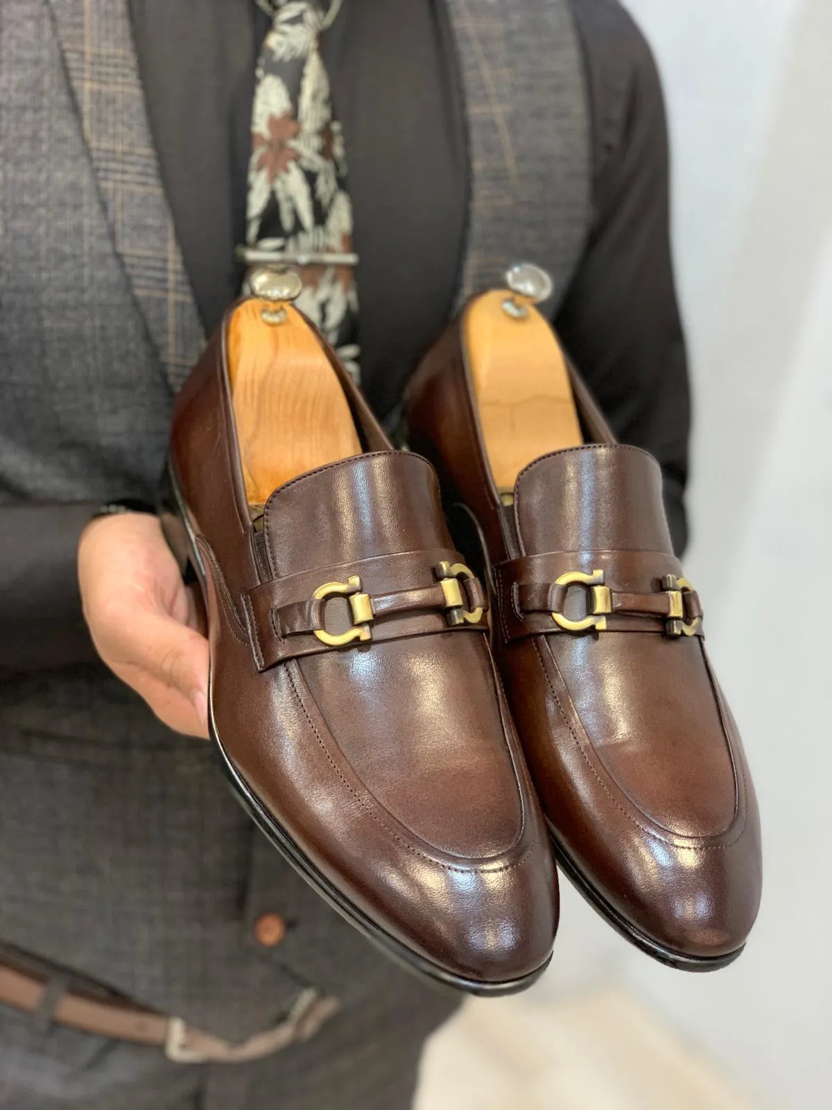 Brown Suede Shoes with Buckle Detail