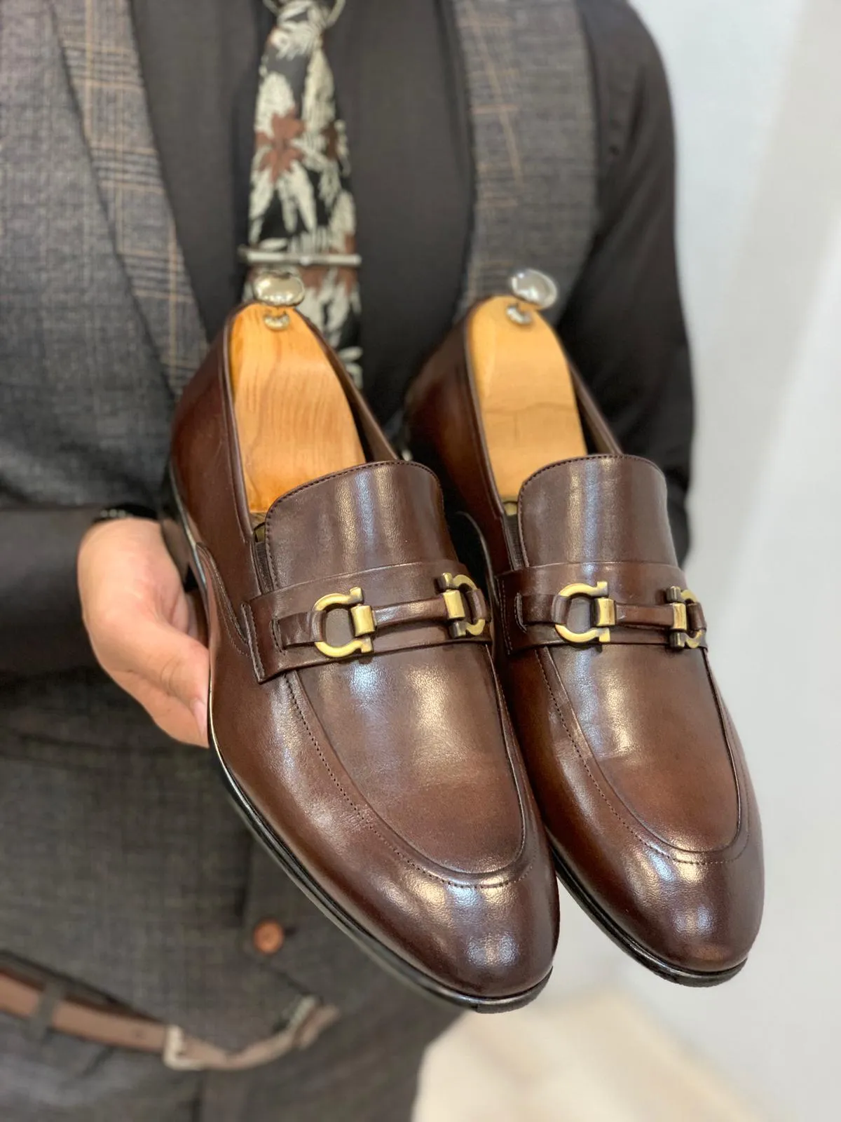 Brown Suede Shoes with Buckle Detail