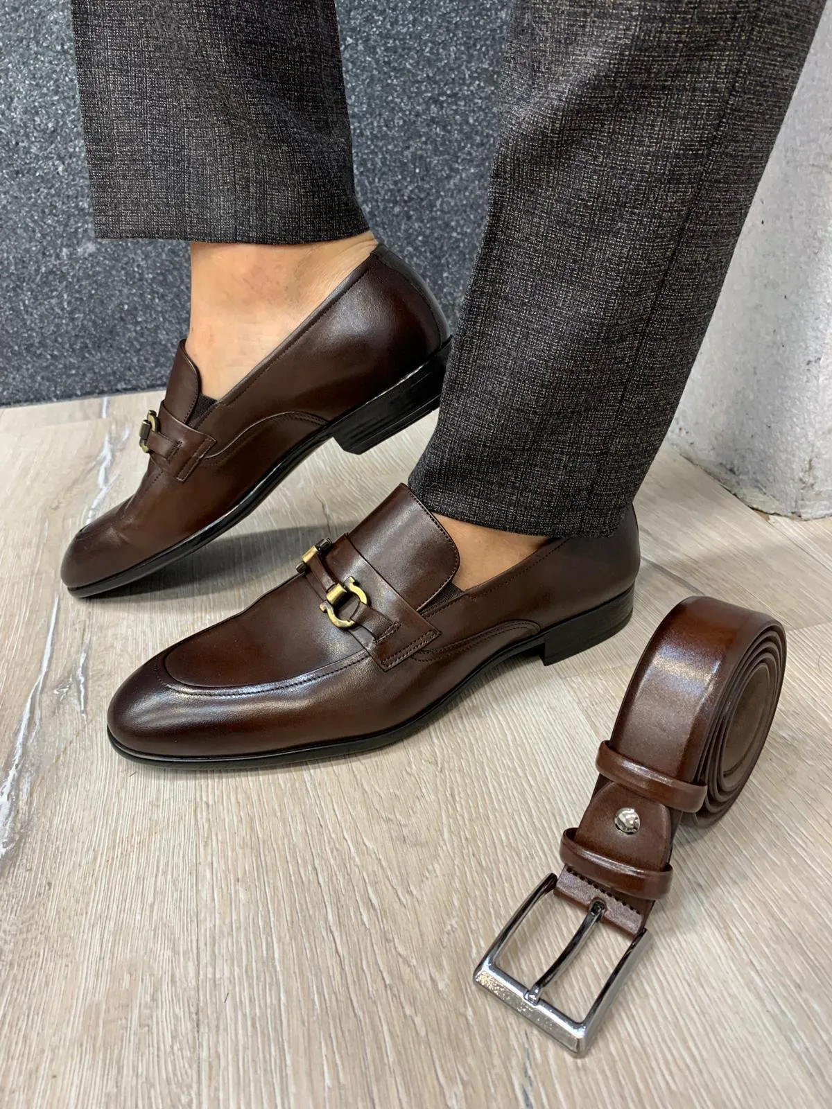 Brown Suede Shoes with Buckle Detail