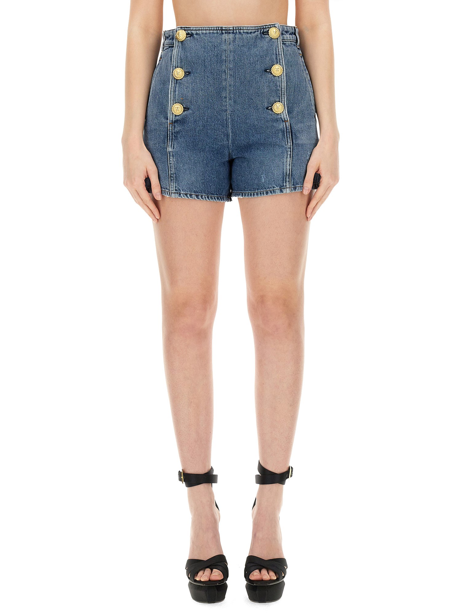 Cotton Denim Shorts with Iconic Buttons by Balmain