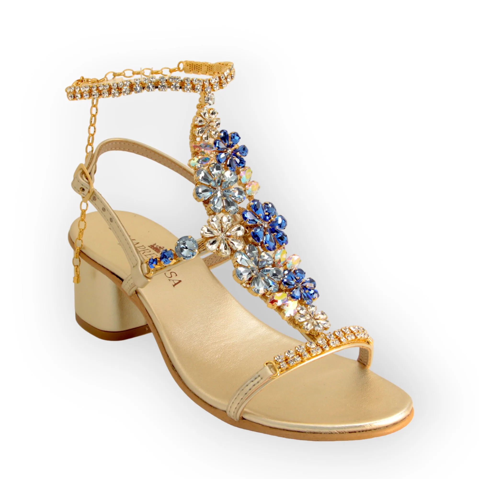 Aquamarine Jewel Sandal Adorned with Crystal Flowers and Block Heel