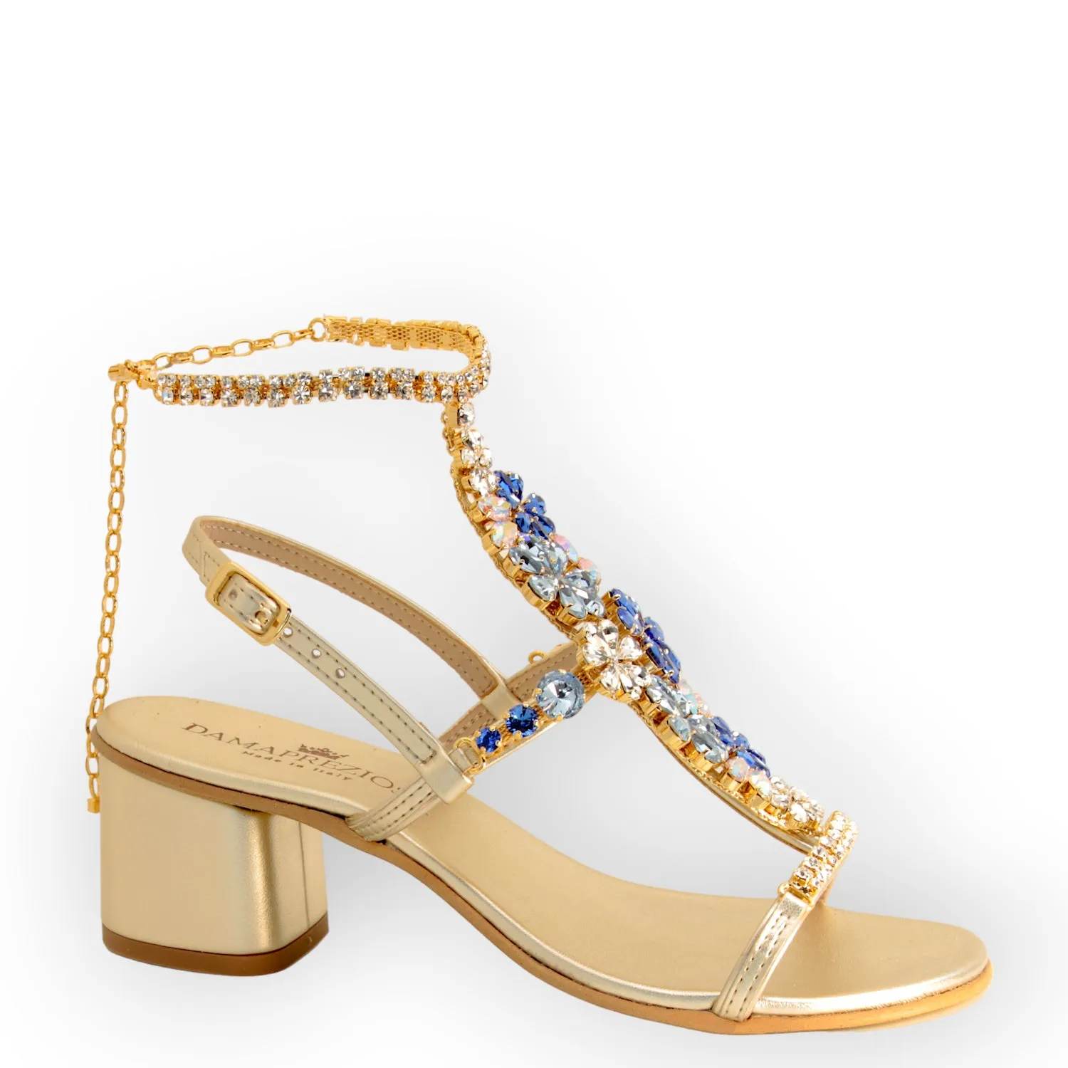 Aquamarine Jewel Sandal Adorned with Crystal Flowers and Block Heel