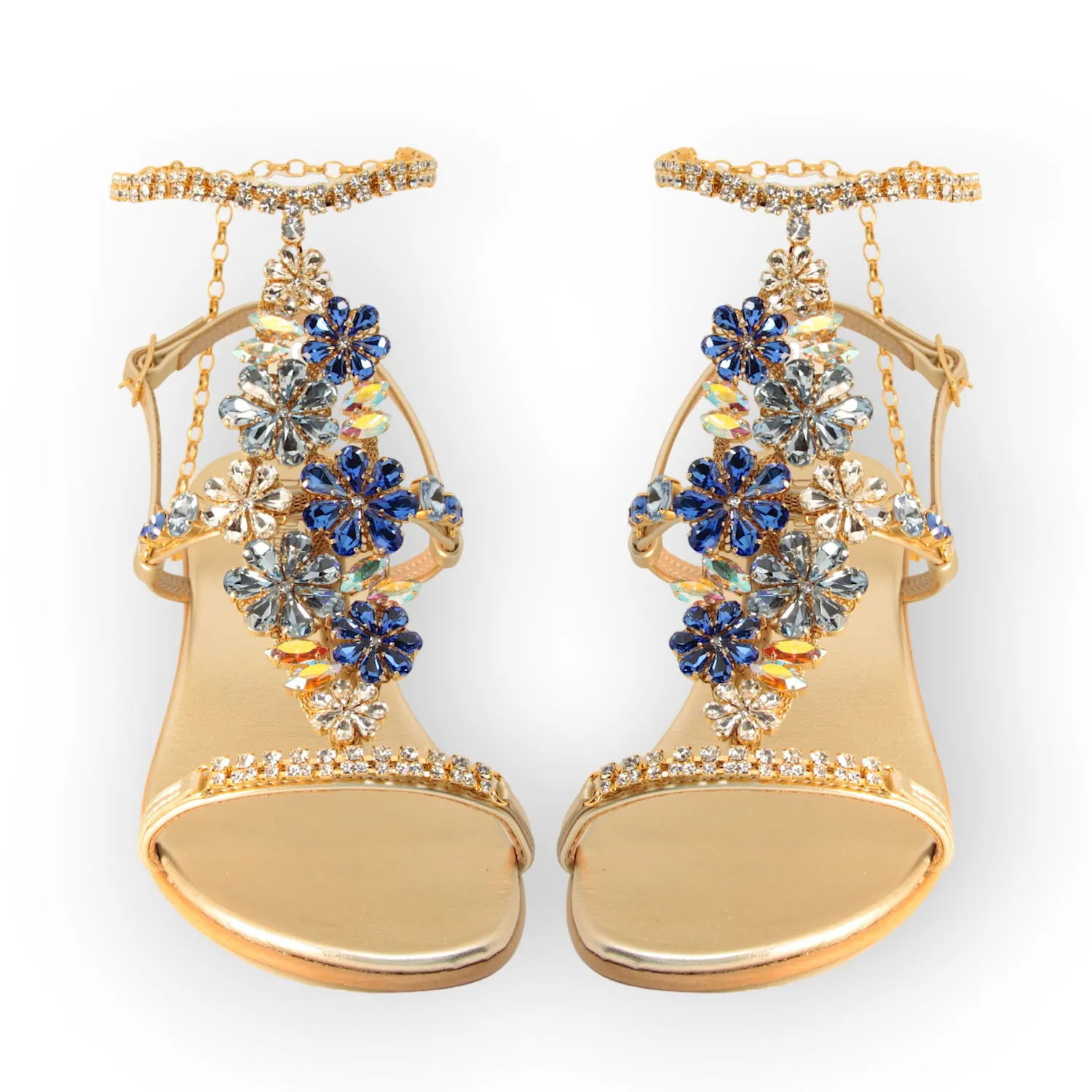 Aquamarine Jewel Sandal Adorned with Crystal Flowers and Block Heel