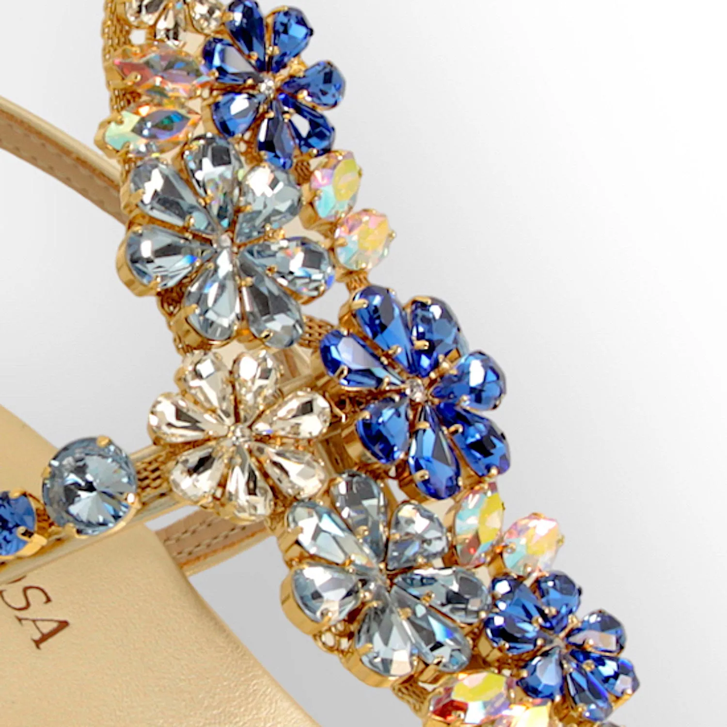 Aquamarine Jewel Sandal Adorned with Crystal Flowers and Block Heel