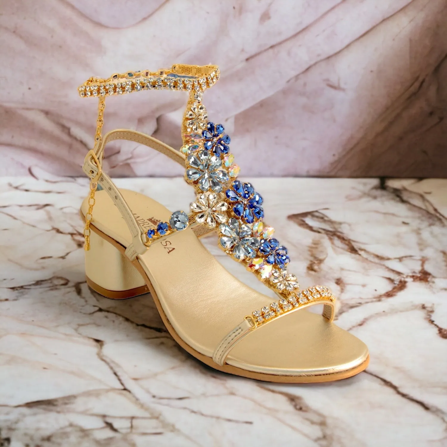 Aquamarine Jewel Sandal Adorned with Crystal Flowers and Block Heel