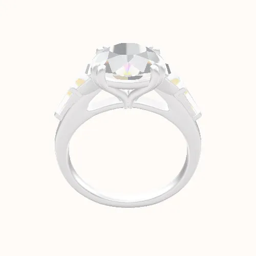 Double Prong Head Cathedral Ring with Trapezoid & Tapered Baguette Sidestones