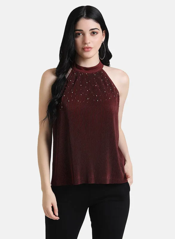 Halter Neck Top with Embellishments & Pleats