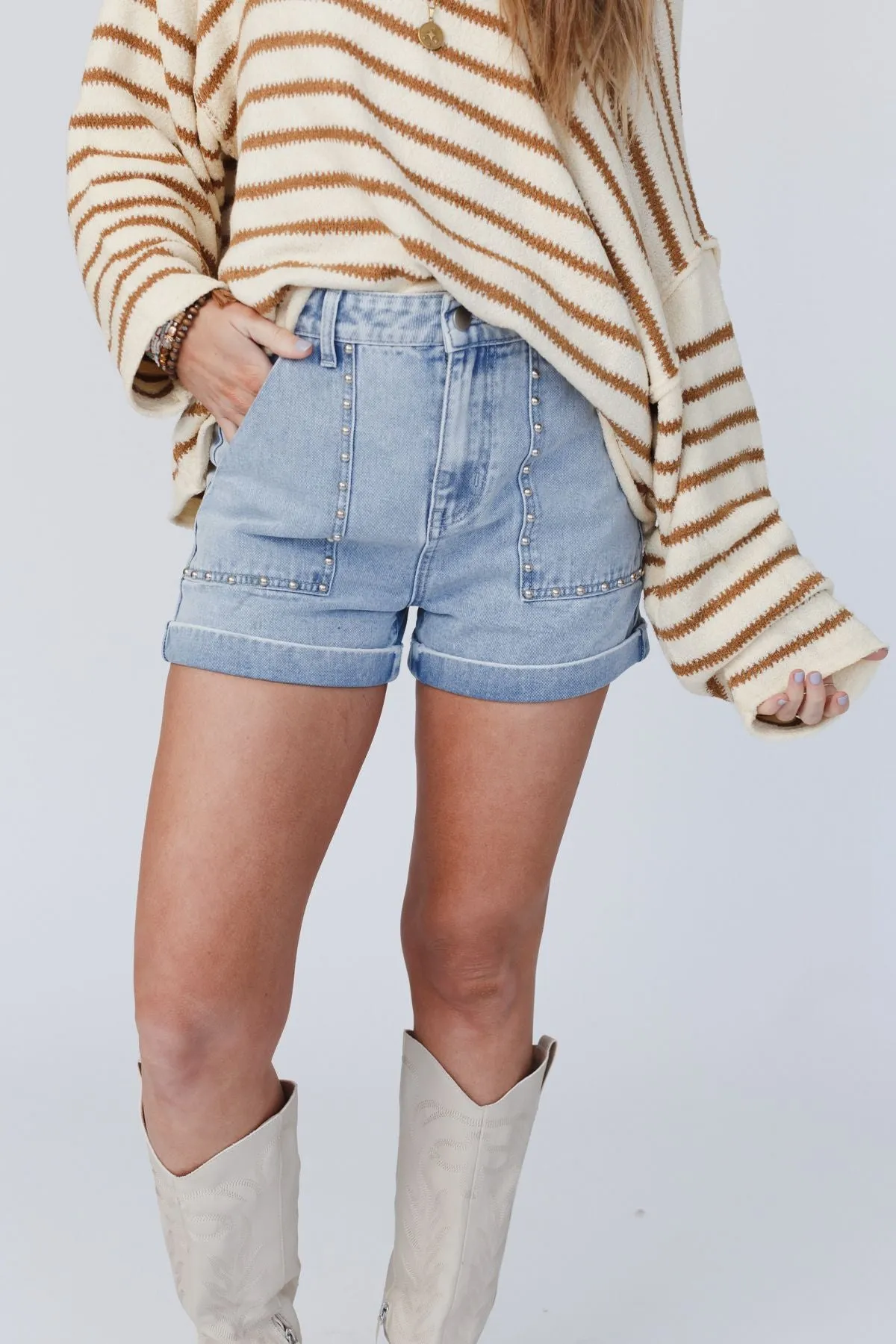 Emma Light Wash Studded Denim Shorts