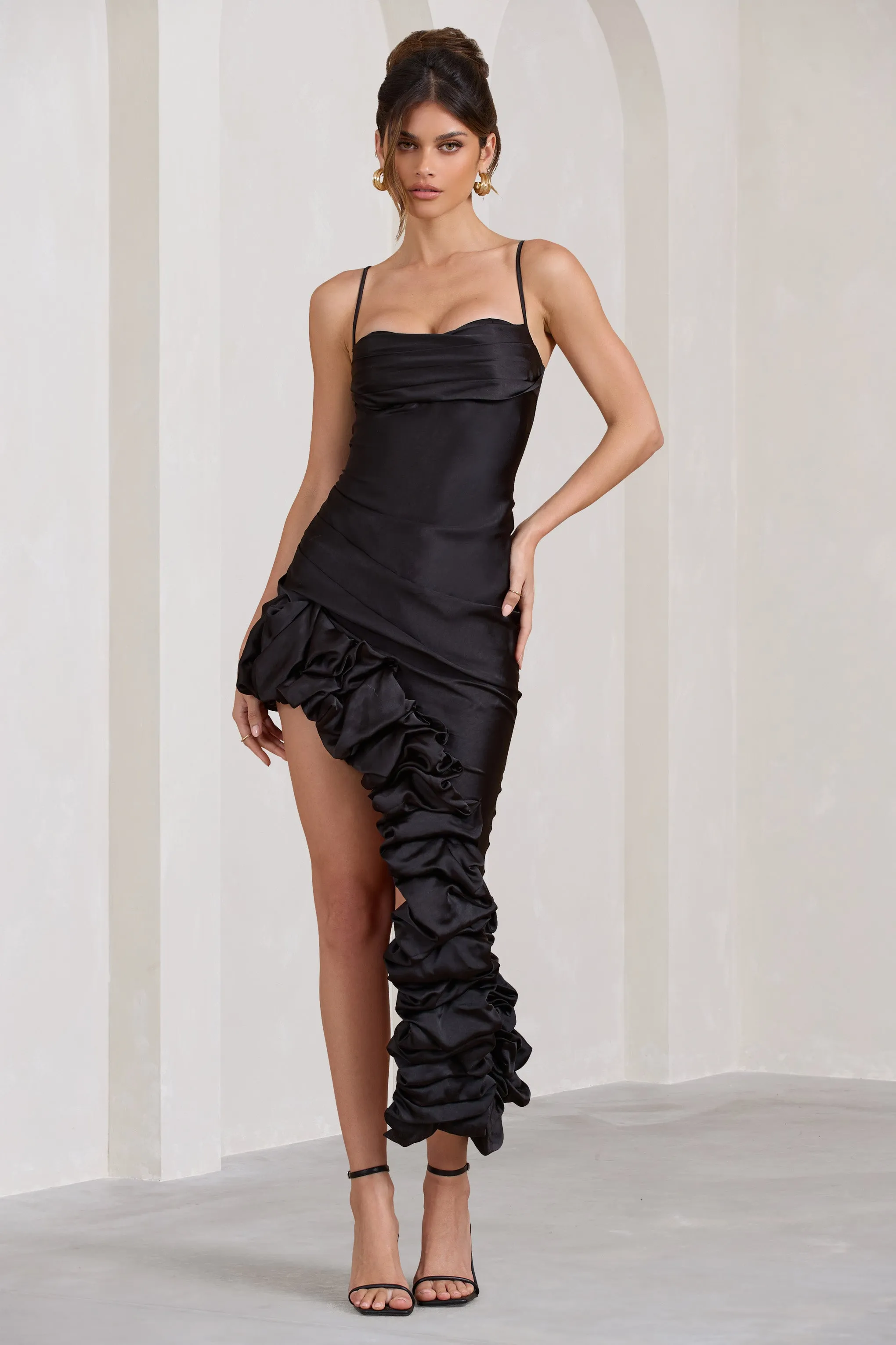 Black Satin Asymmetric Ruffle Cowl Midi Dress