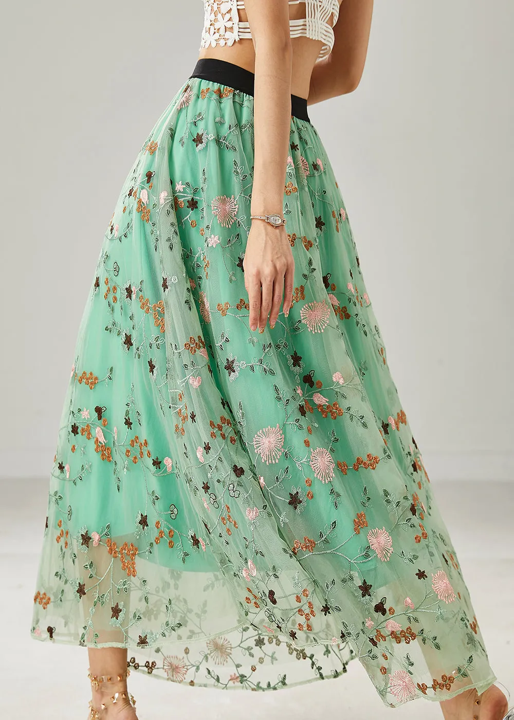 Green Embroidered Tulle Skirts from Italy for Summer