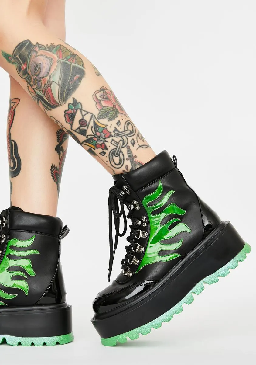 Green Helios Flame Combat Boots