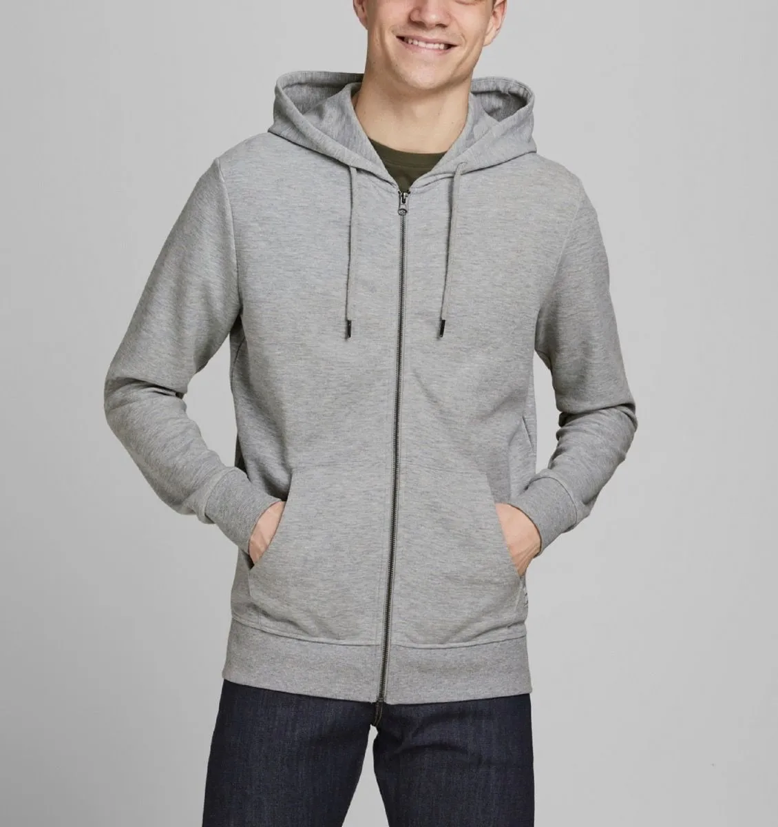 Jack and Jones Basic Zip Up Hooded Sweatshirts in Light Grey Melange