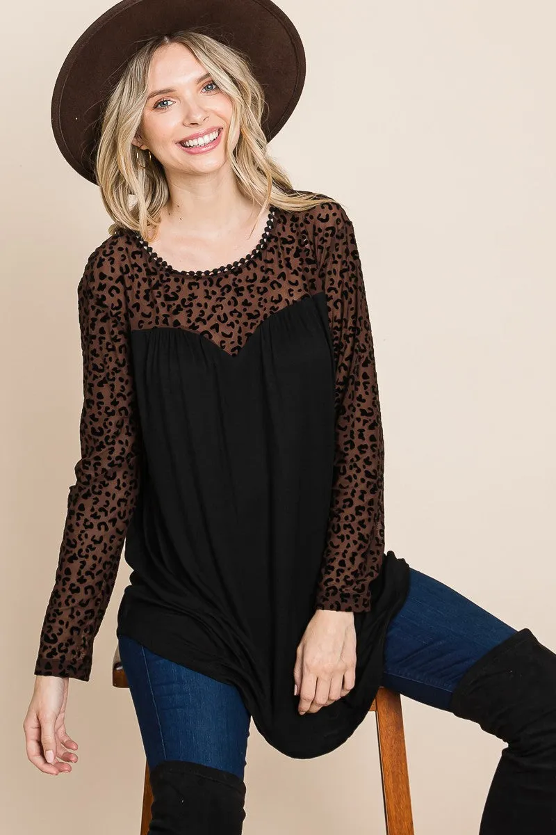 Flirty Chocolate Lace Detail Long Sleeve Top