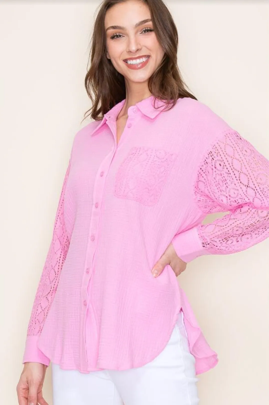 Lace Sleeve Gauze Tops