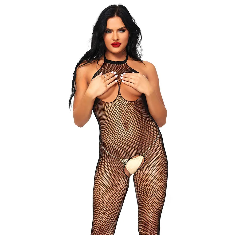 Black Fishnet Bodystocking with Open Crotch and Bust UK Size 6-12