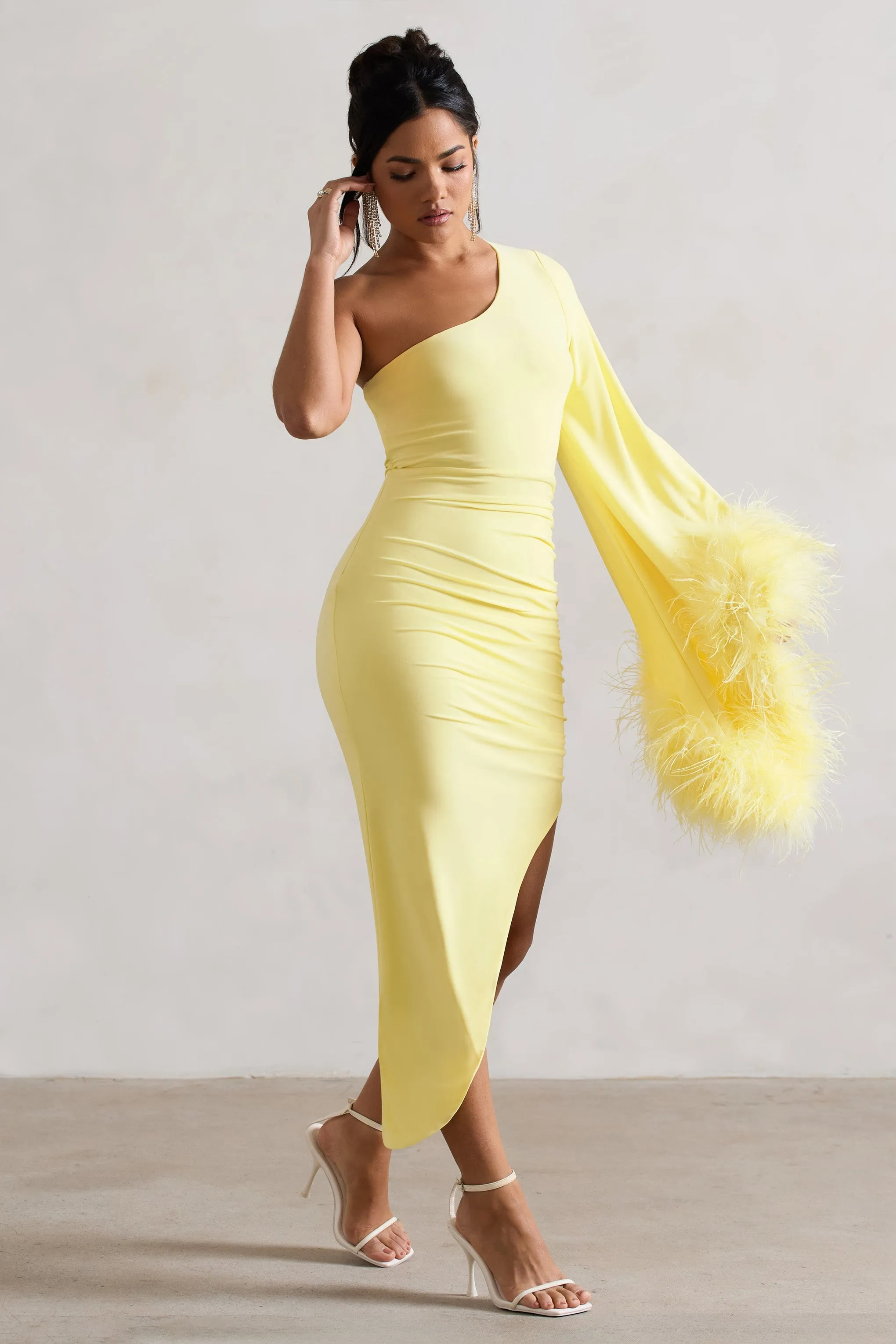 Lemon One-Shoulder Cape Midi Dress